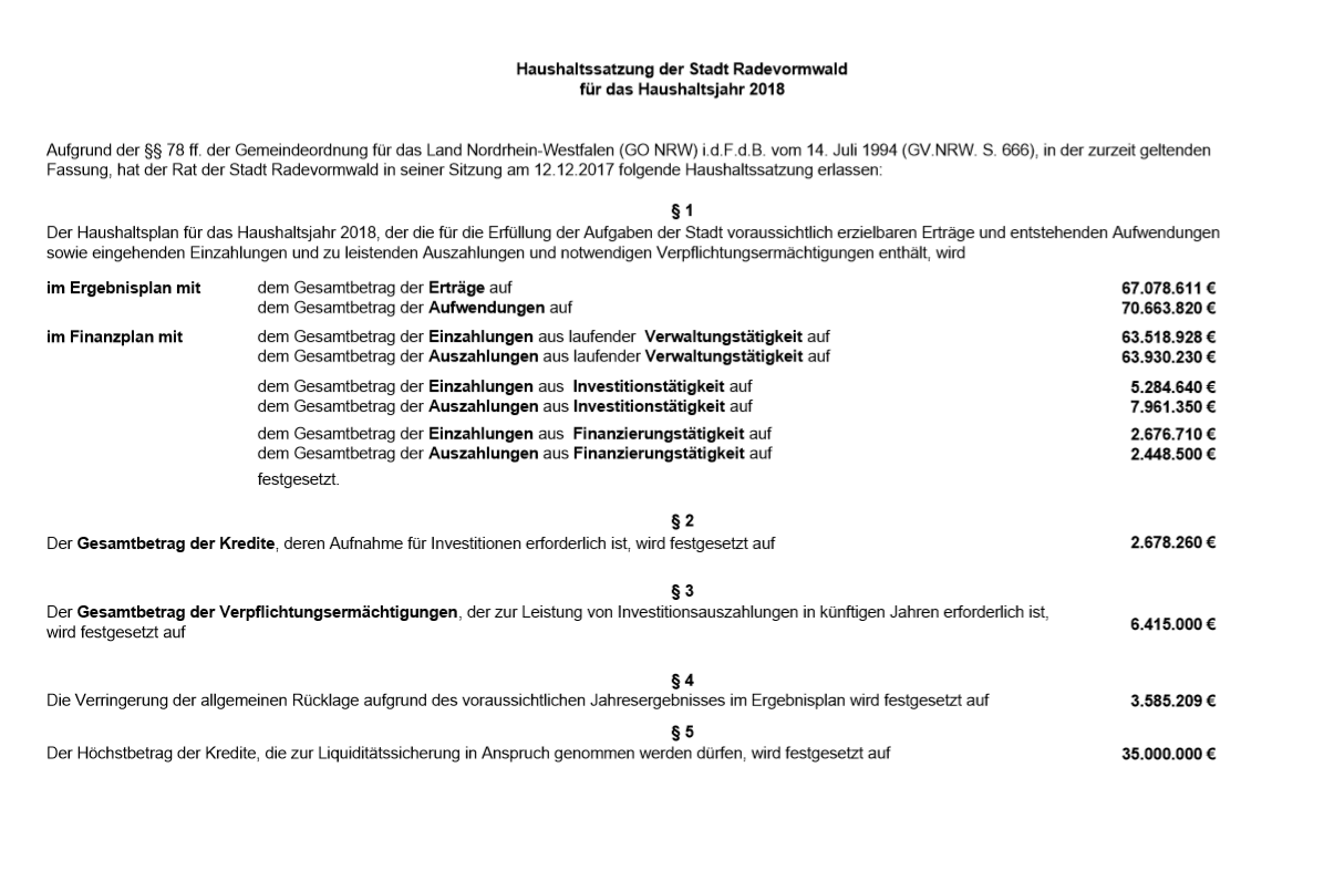 Haushaltssatzung 2018 zur aktuellen Haushaltssperre